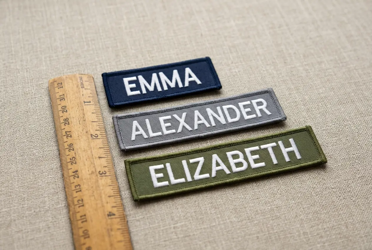 Three embroidered name patches of different lengths beside a ruler