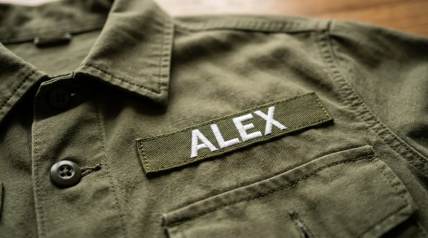 A long narrow embroidered name tape on an olive work shirt chest