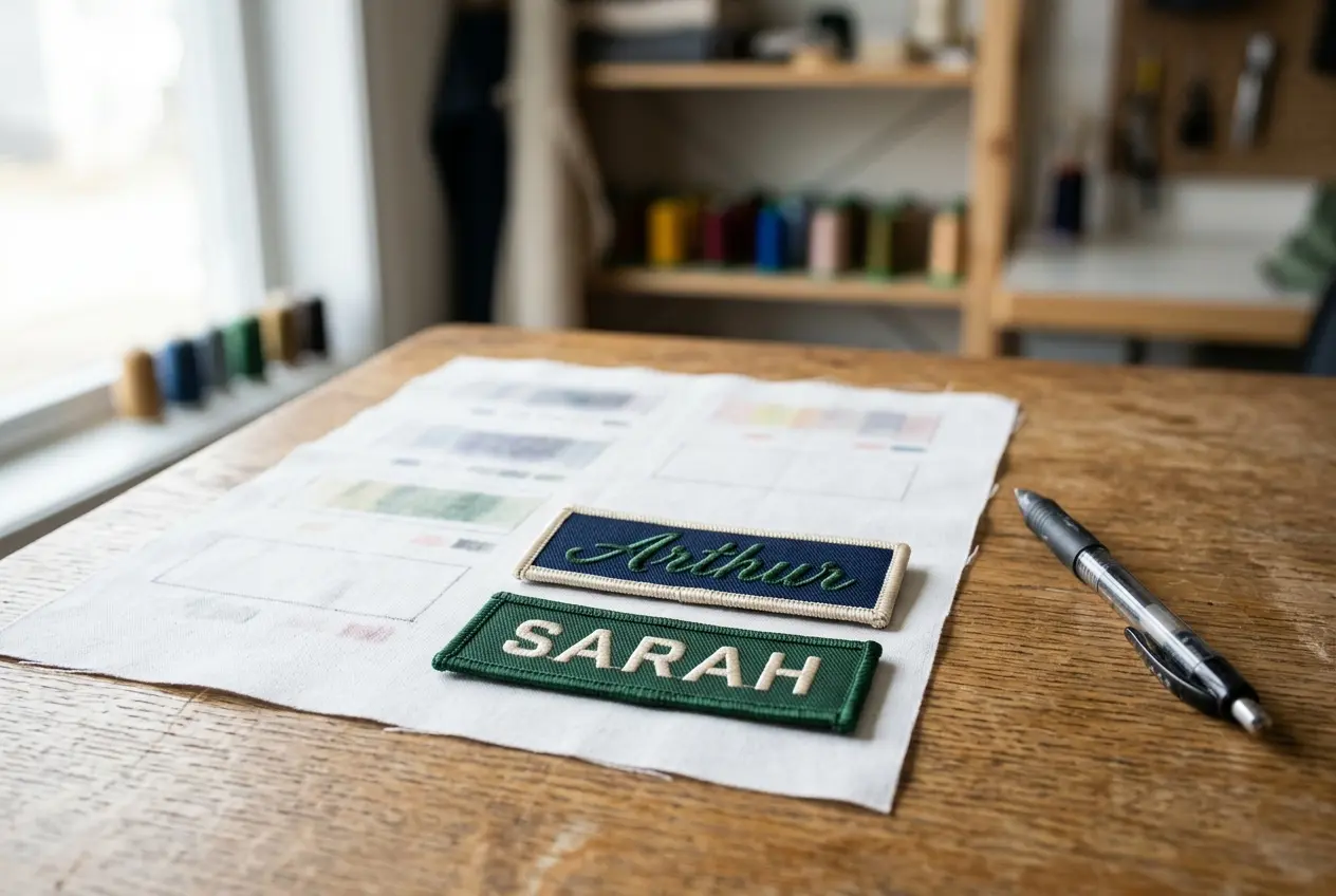 A printed proof sheet with a pen and name patches