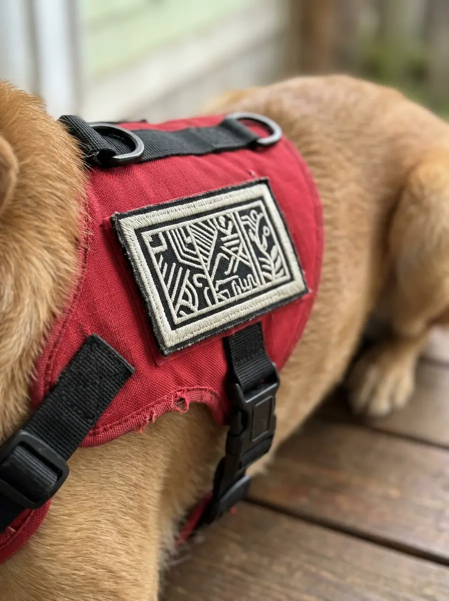 Red dog harness vest with a white service dog patch on the side panel