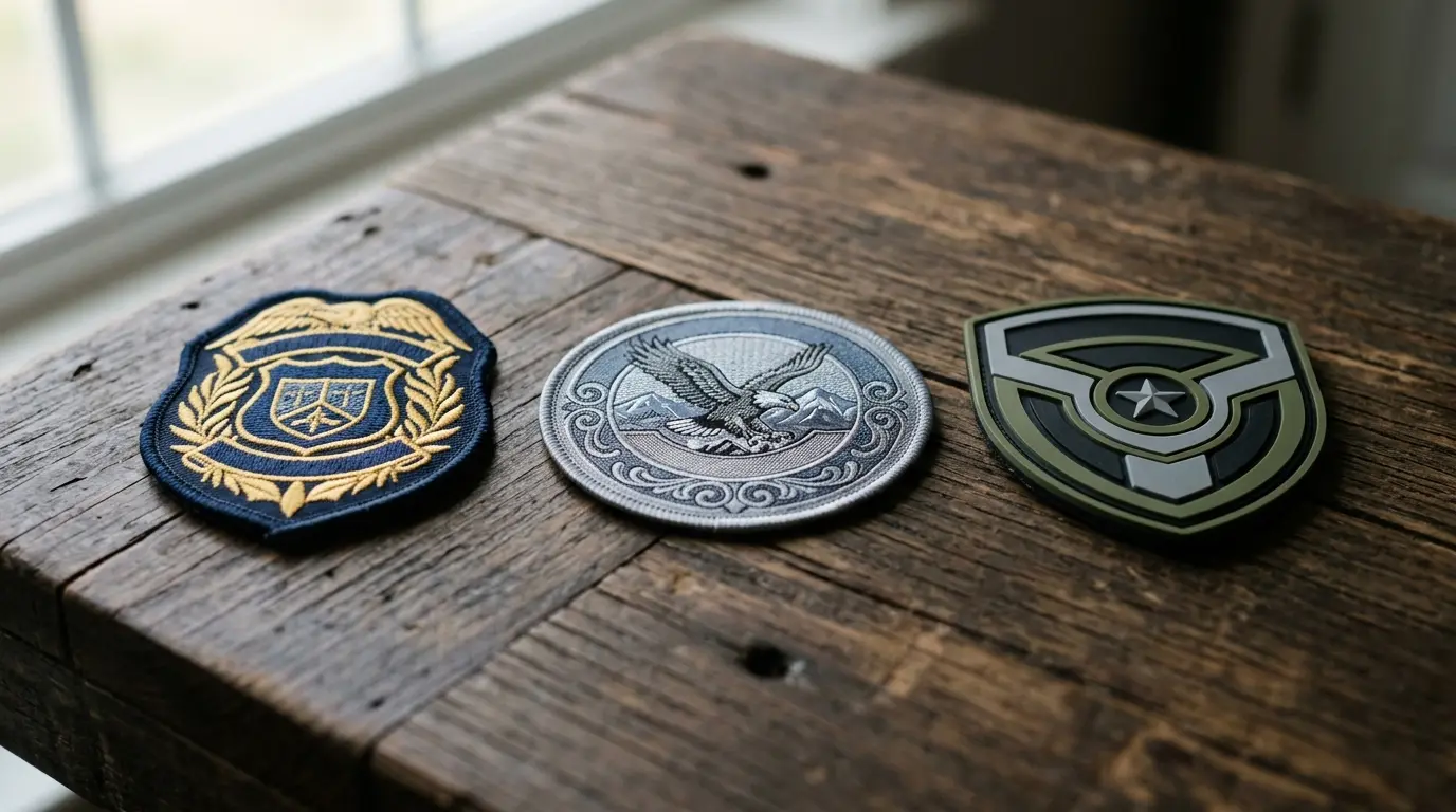 Embroidered, woven and PVC police patches side by side
