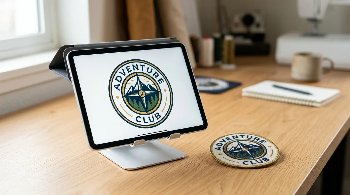 A designer's desk with a patch artwork proof beside a printed patch