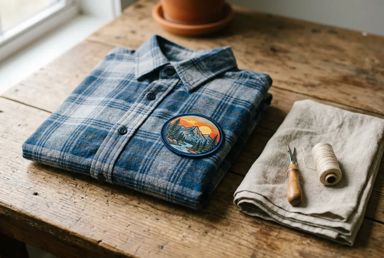 A printed patch on a folded shirt beside a pressing cloth