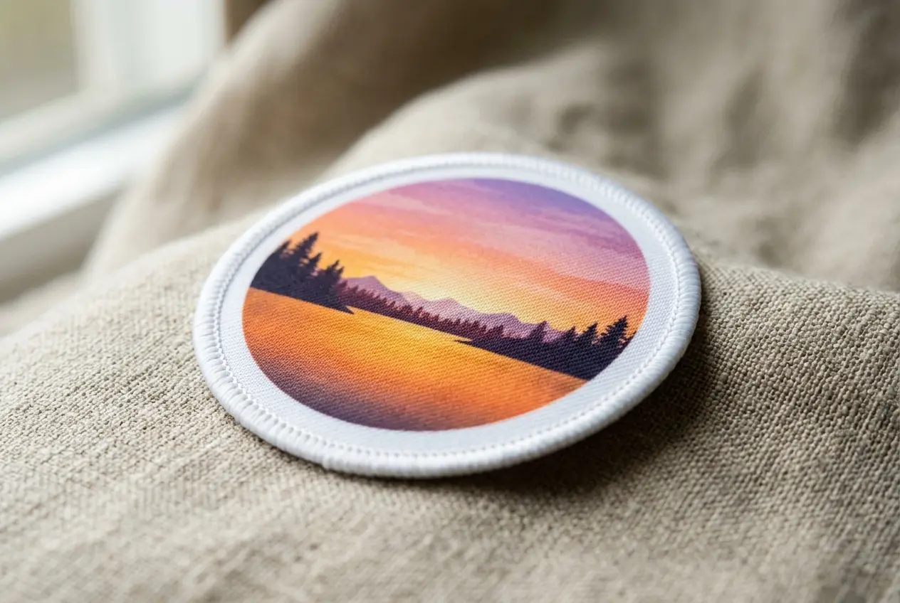 Close view of a full-color printed patch on polyester twill showing smooth flat surface