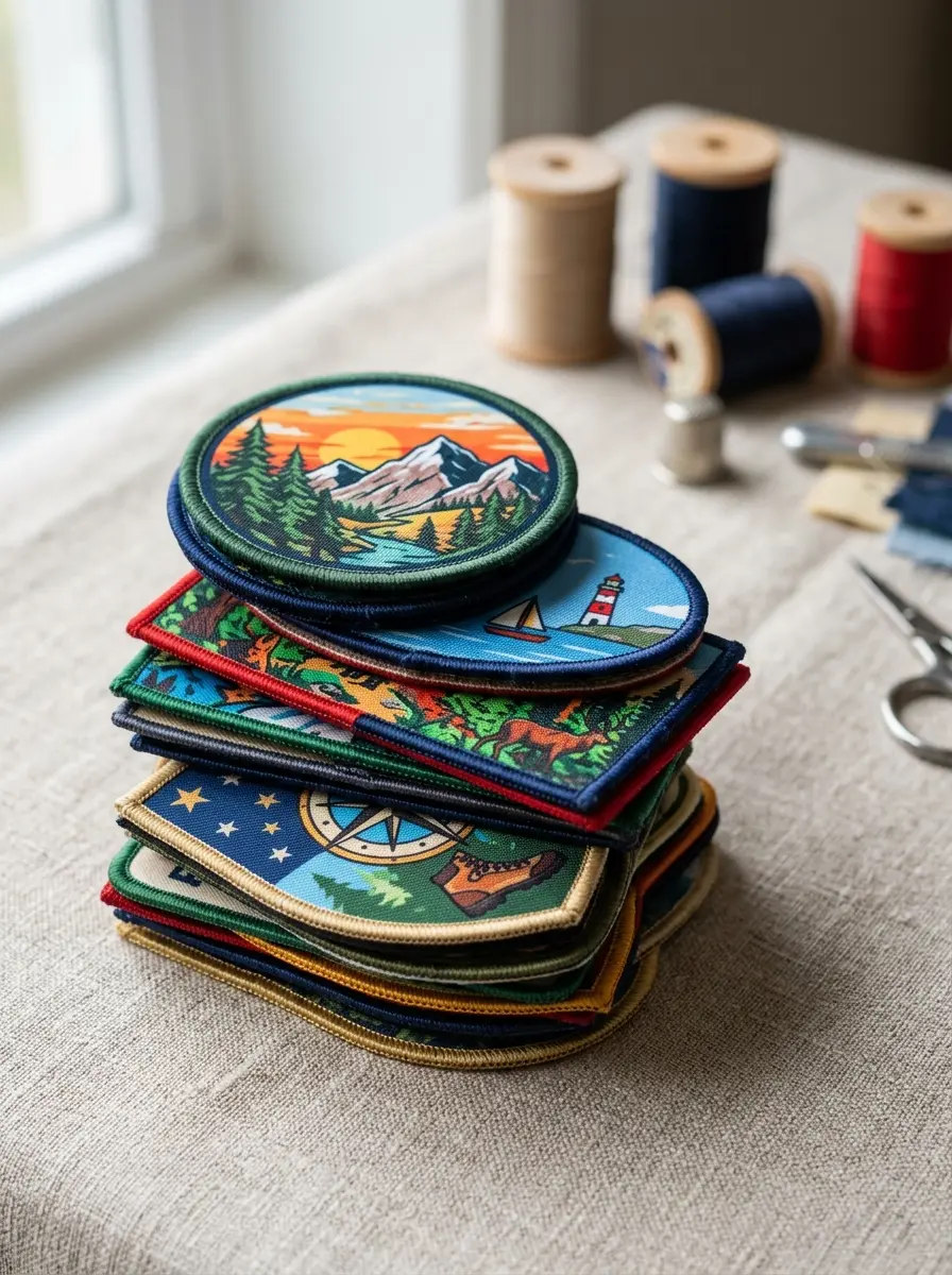A neat stack of finished printed patches ready to ship
