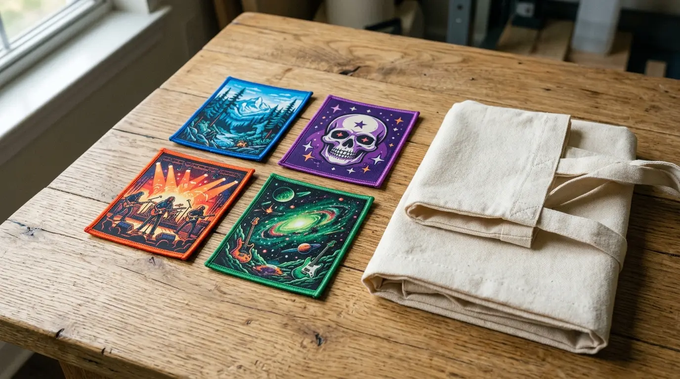 Flat lay of several full-color printed patches beside a canvas tote and a t-shirt