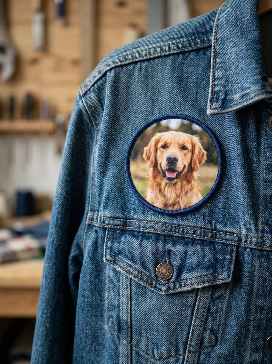 A printed patch showing a dog portrait on a denim jacket pocket