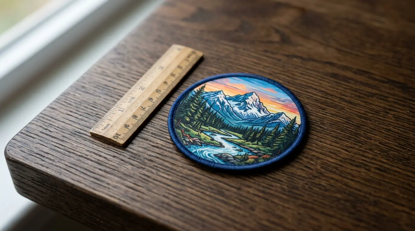 Printed patch with a small line of text beside a ruler
