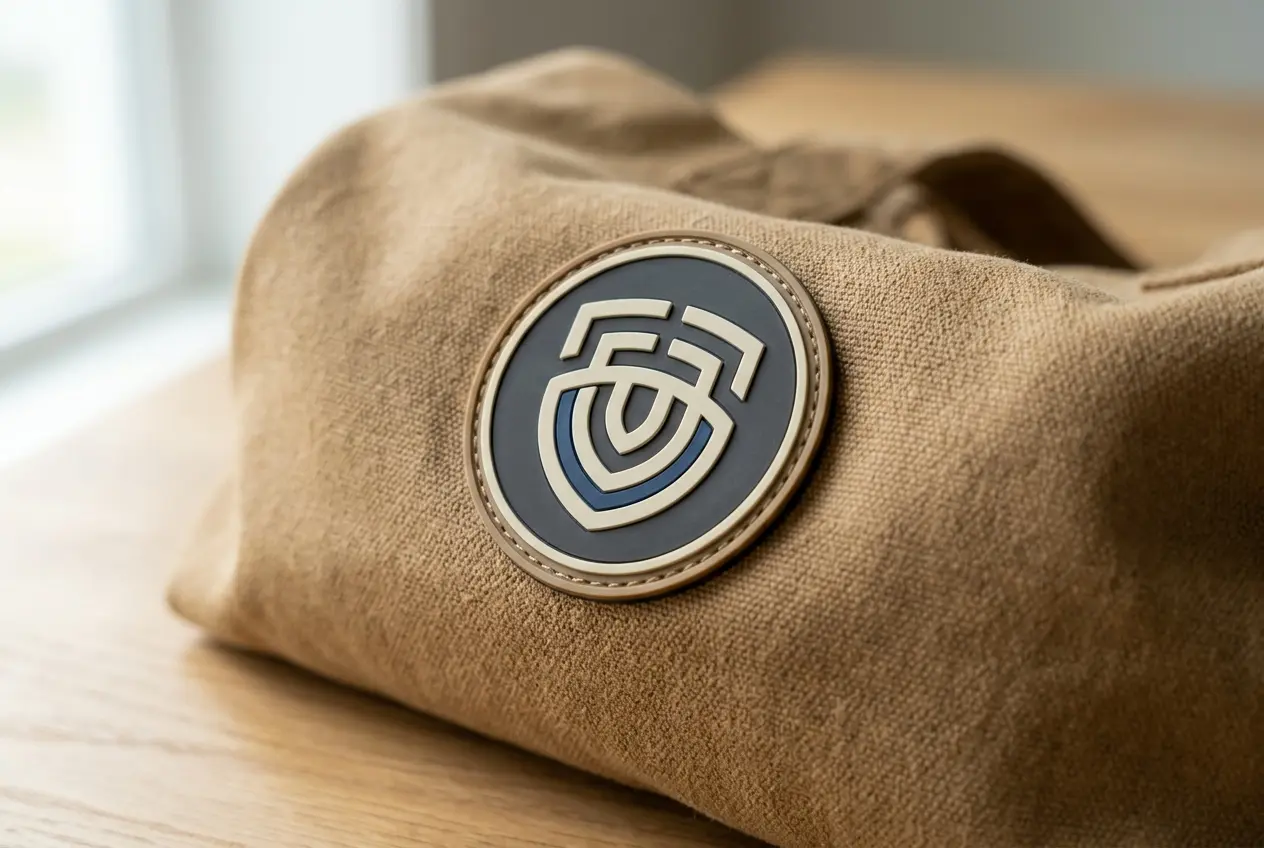 Raised PVC brand badge on a canvas bag