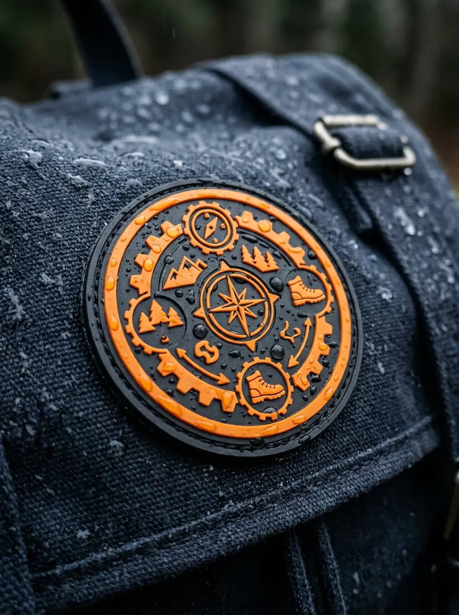 Water beading on a PVC patch on a backpack