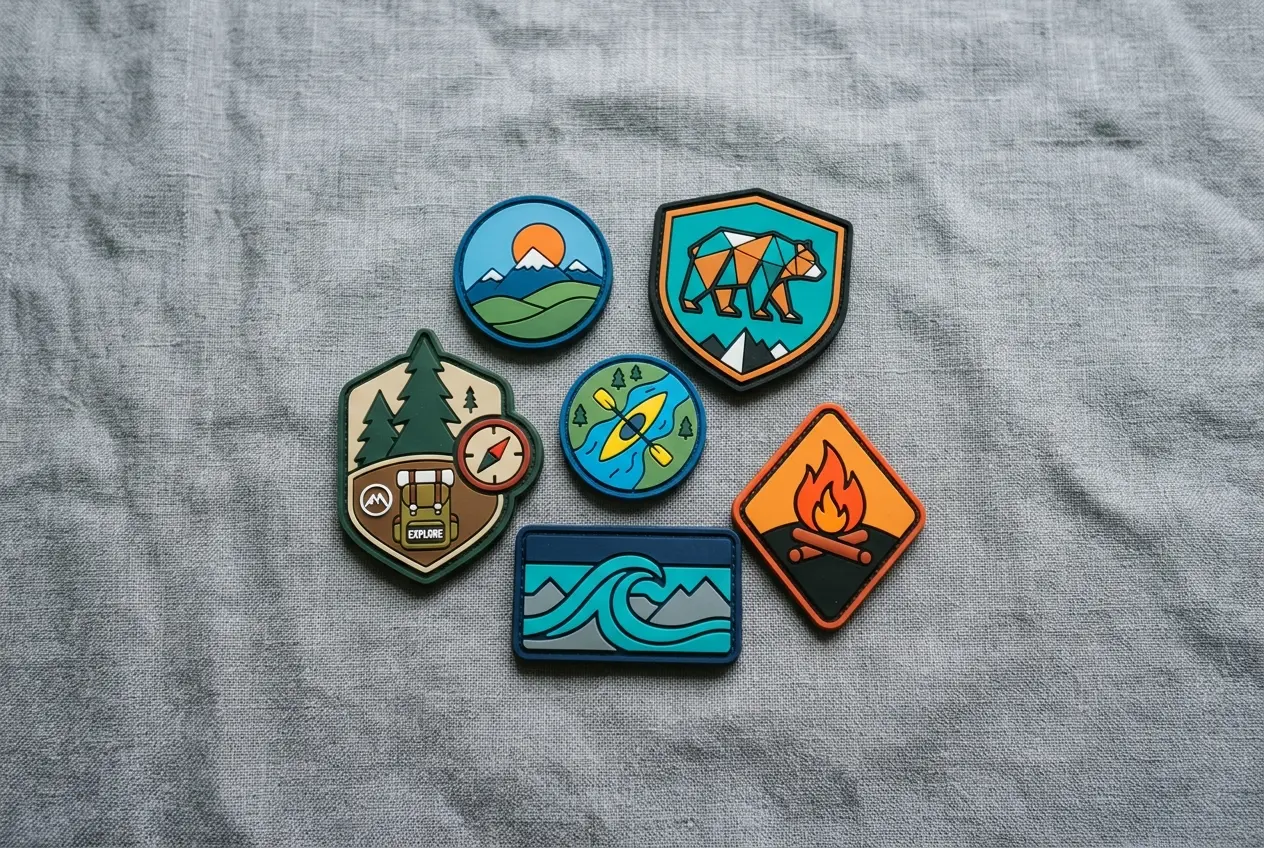 Colorful molded PVC patches on a gray linen surface