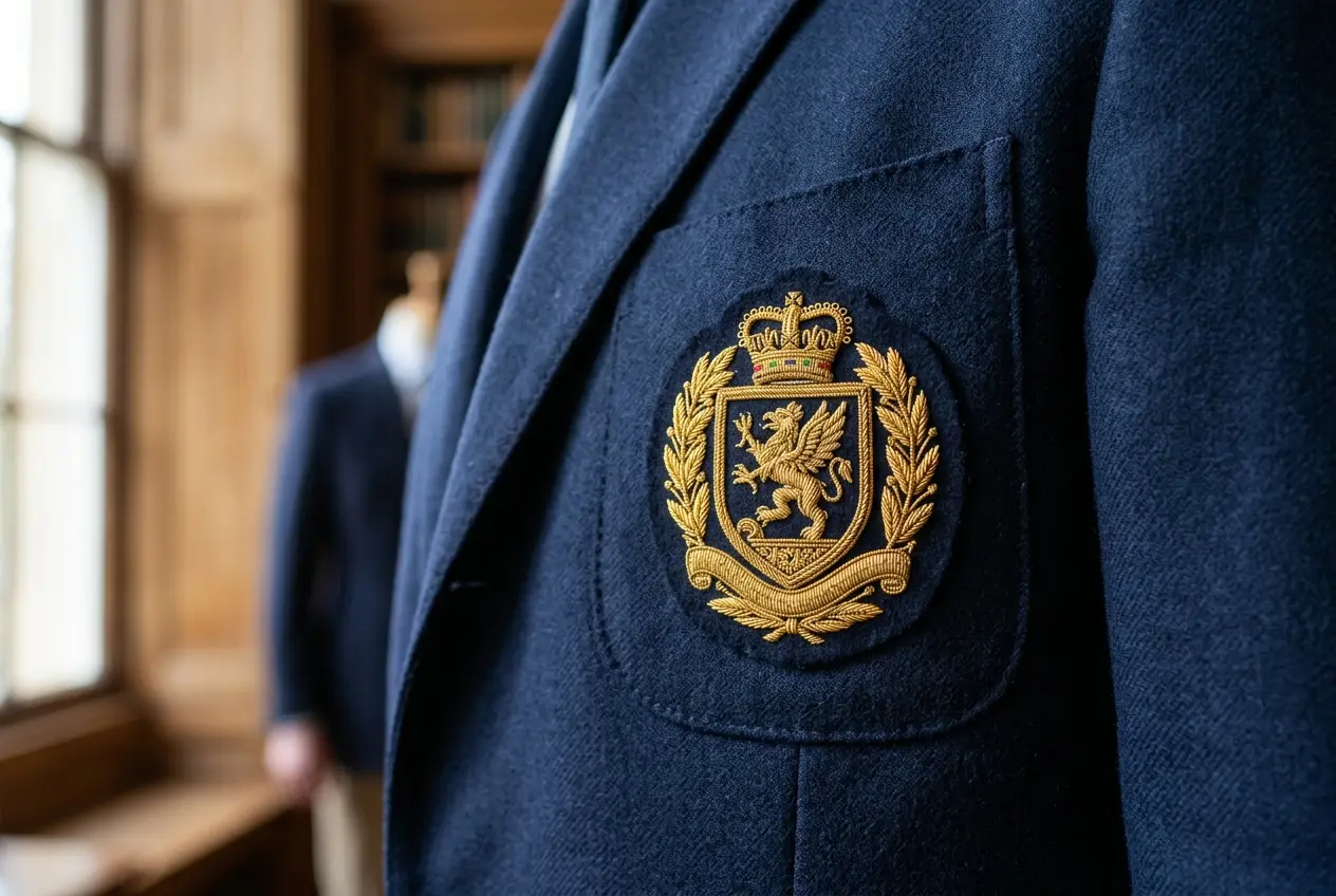 Gold wire bullion crest on a navy blazer pocket