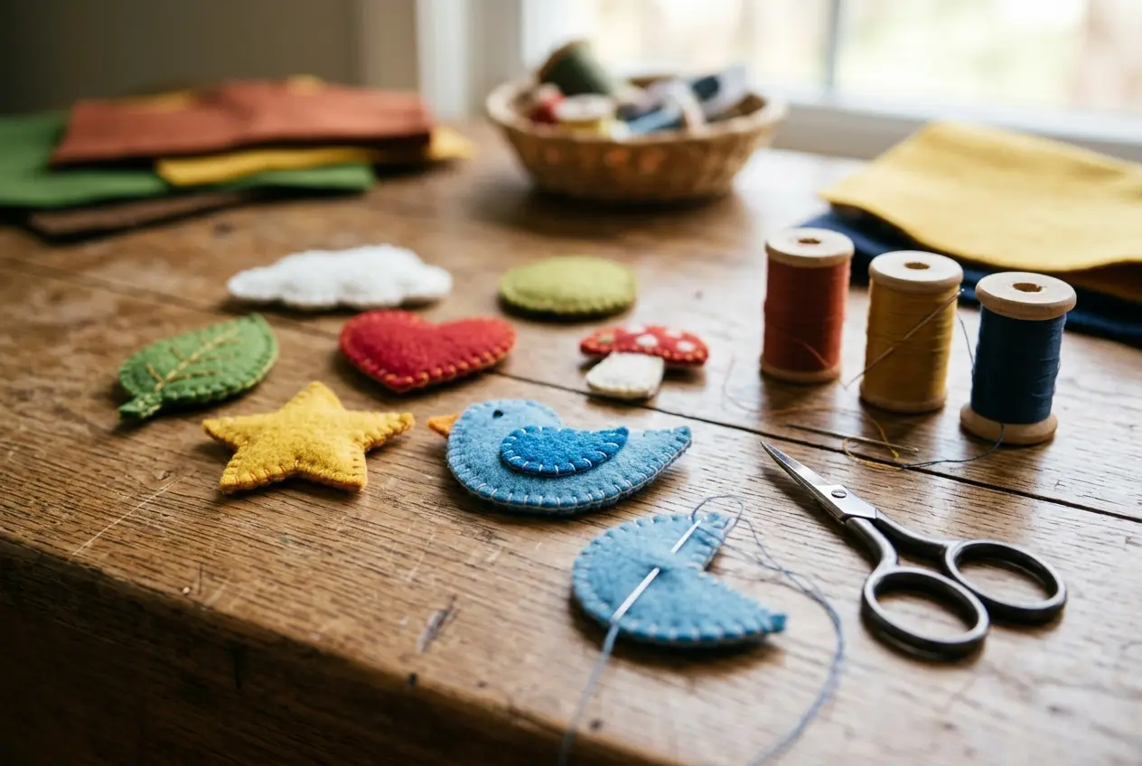 Soft felt patches on a craft table with thread