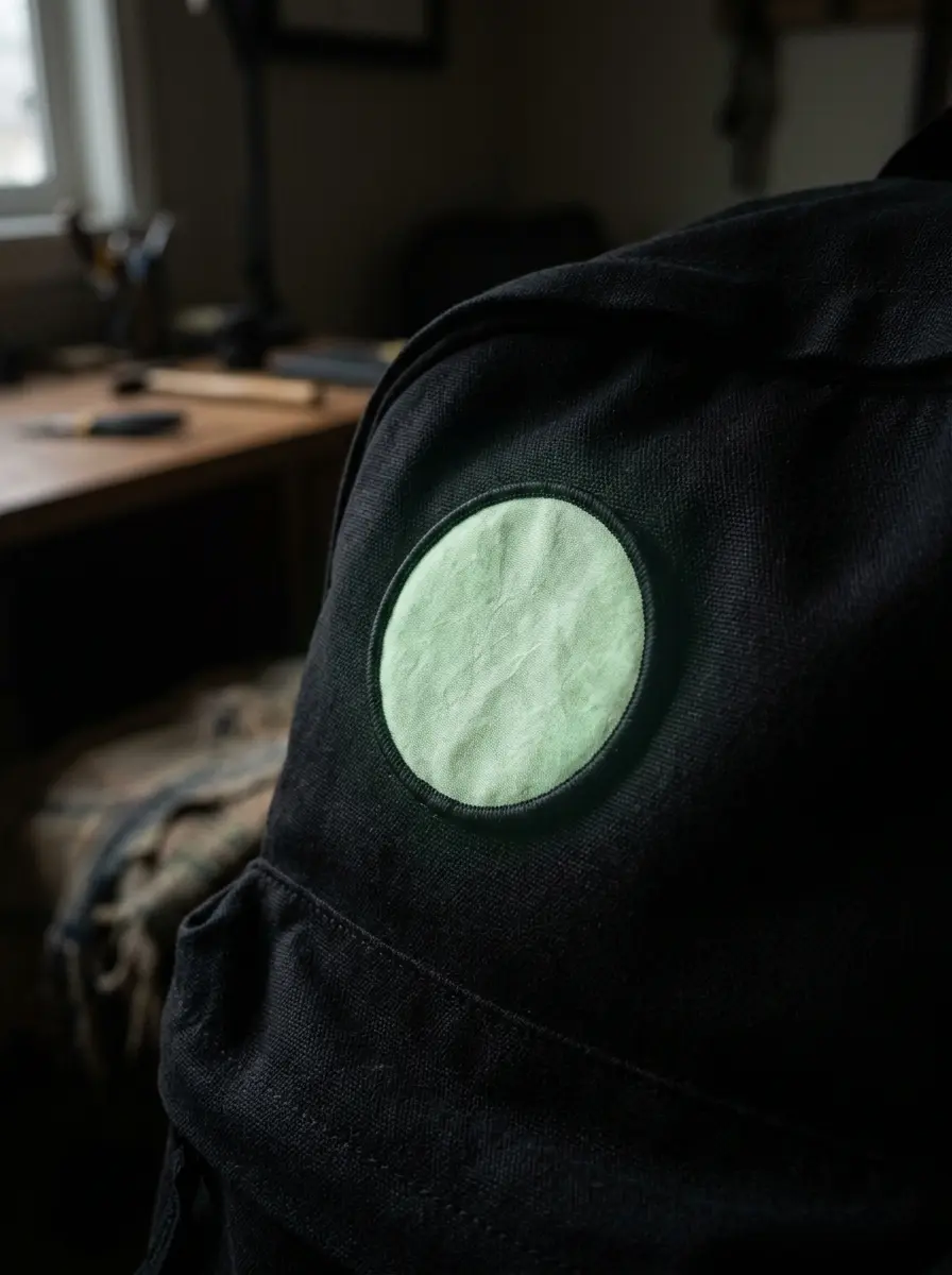 Pale green glowing patch on dark fabric in a dim room