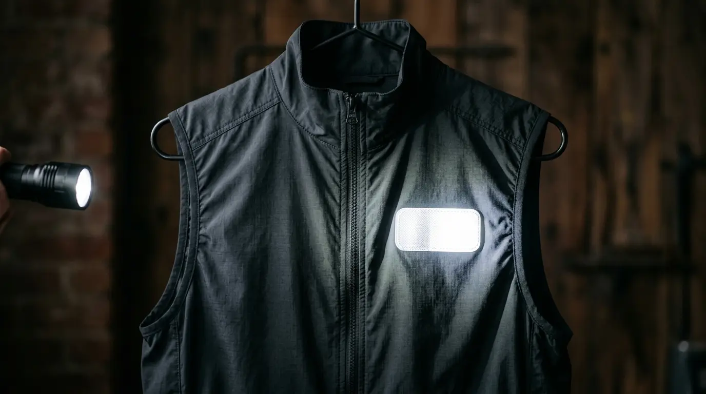 Silver reflective patch glowing in a flashlight beam on a dark vest