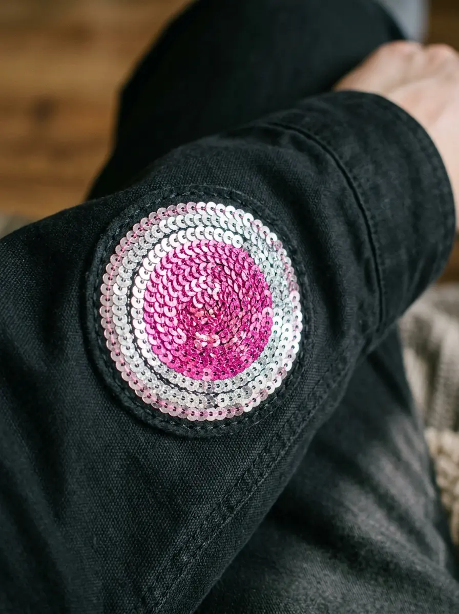Close-up of a sparkling sequin patch on a dark dance jacket