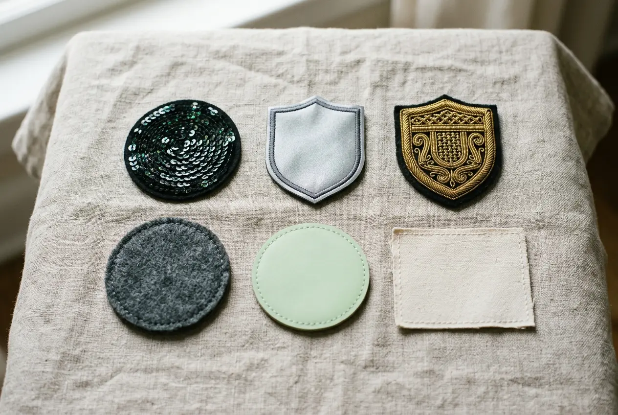Six patches with sequin, reflective, bullion, felt, glow and plain finishes on linen