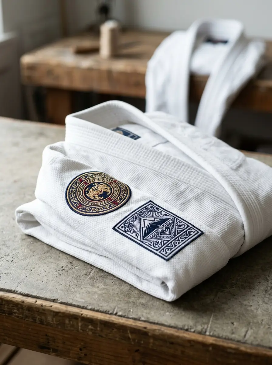 White jiu-jitsu gi with embroidered patches on shoulder and upper arm