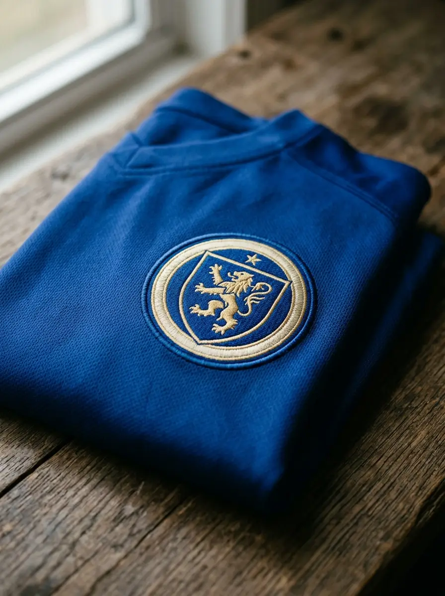 Embroidered team crest patch on the chest of a blue sports jersey
