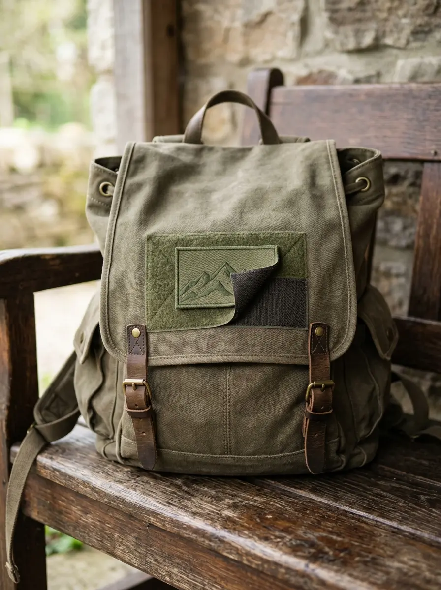 Backpack with a removable patch on a flat front panel