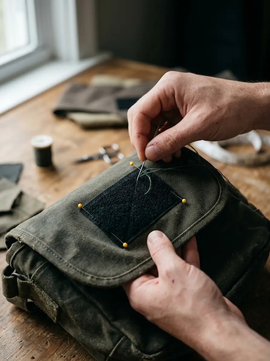 Hands stitching a loop panel onto a bag