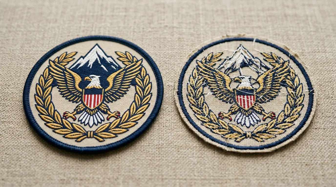Two woven patches side by side, one with clear fine lettering shapes and one with lines too thin to read