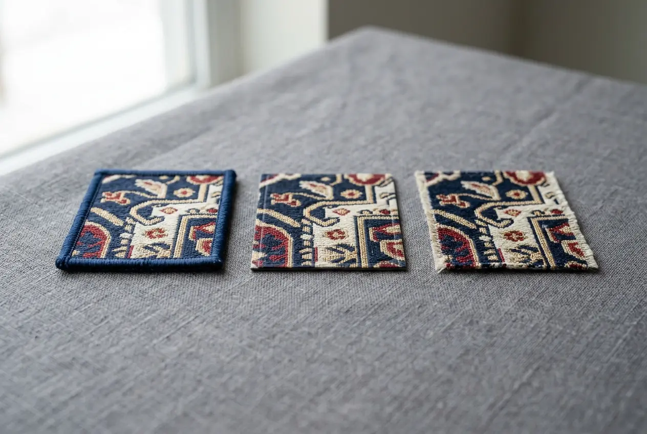 Three woven patches showing a merrowed edge, a heat-cut edge and a borderless edge