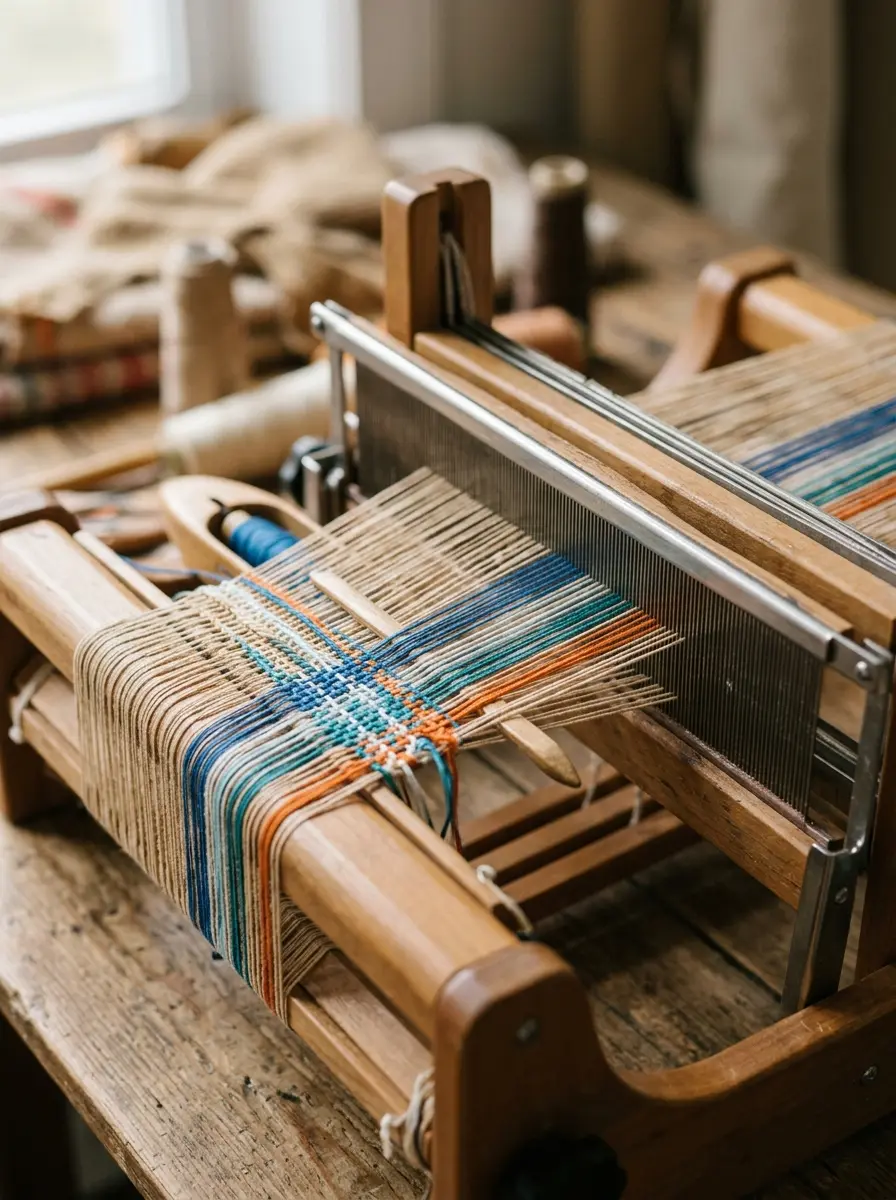 Close view of fine polyester threads interlacing on a weaving loom