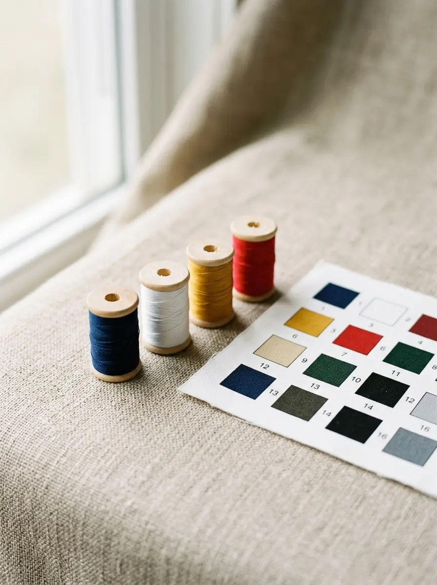 Spools of fine polyester thread in brand colors beside a printed color chart