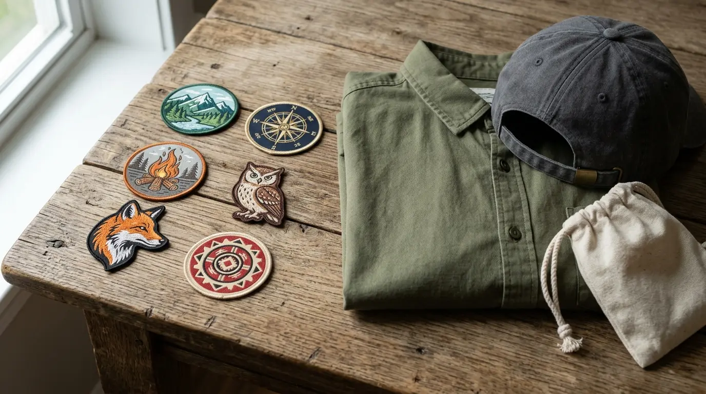 Flat woven patches arranged beside a folded shirt, a cap and a small canvas bag