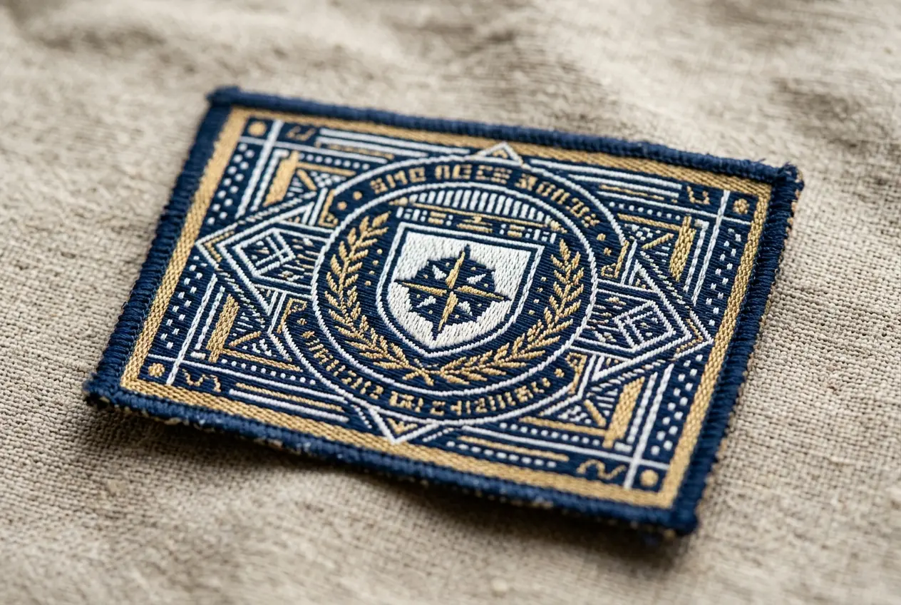 Macro close up of a flat woven patch showing fine tight weave and sharp small lettering shapes on linen