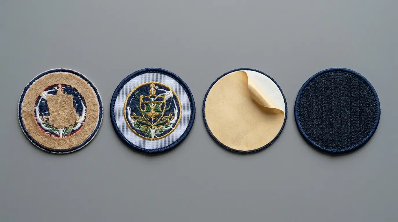 Four patch backings shown on the reverse side: iron-on, sew-on, hook and loop, adhesive