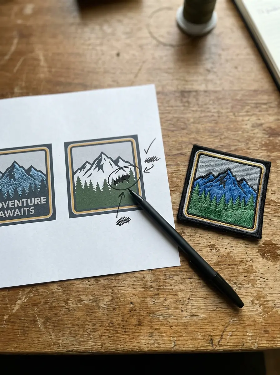 A printed proof marked with a red pen next to a finished patch
