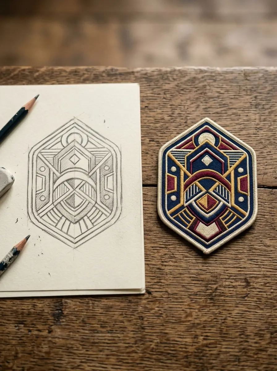 A pencil sketch of a badge beside the finished embroidered patch