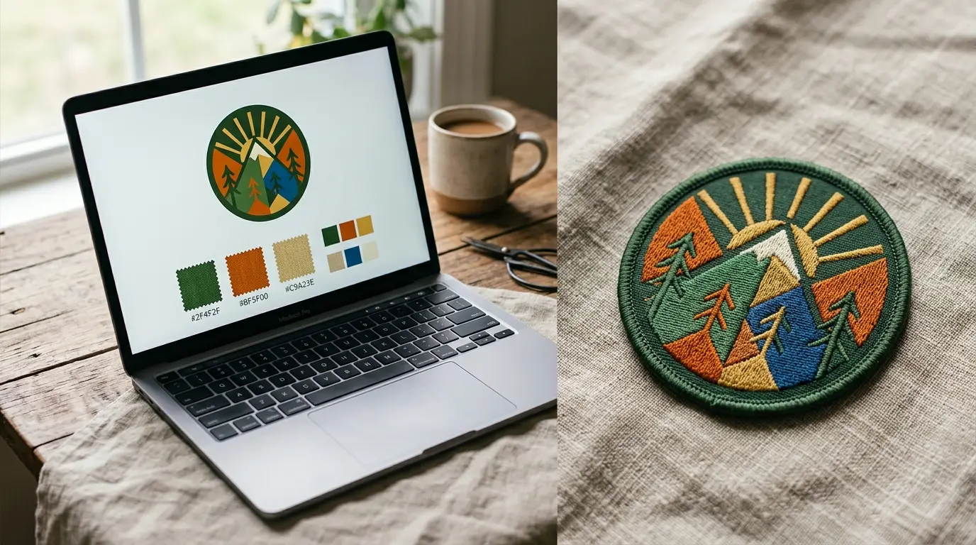 A digital patch proof on a laptop screen next to a finished patch sample on linen