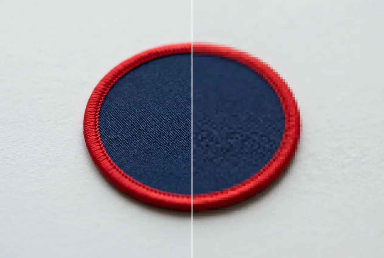Two enlarged logo edges side by side: a smooth vector curve and a blurry pixelated curve