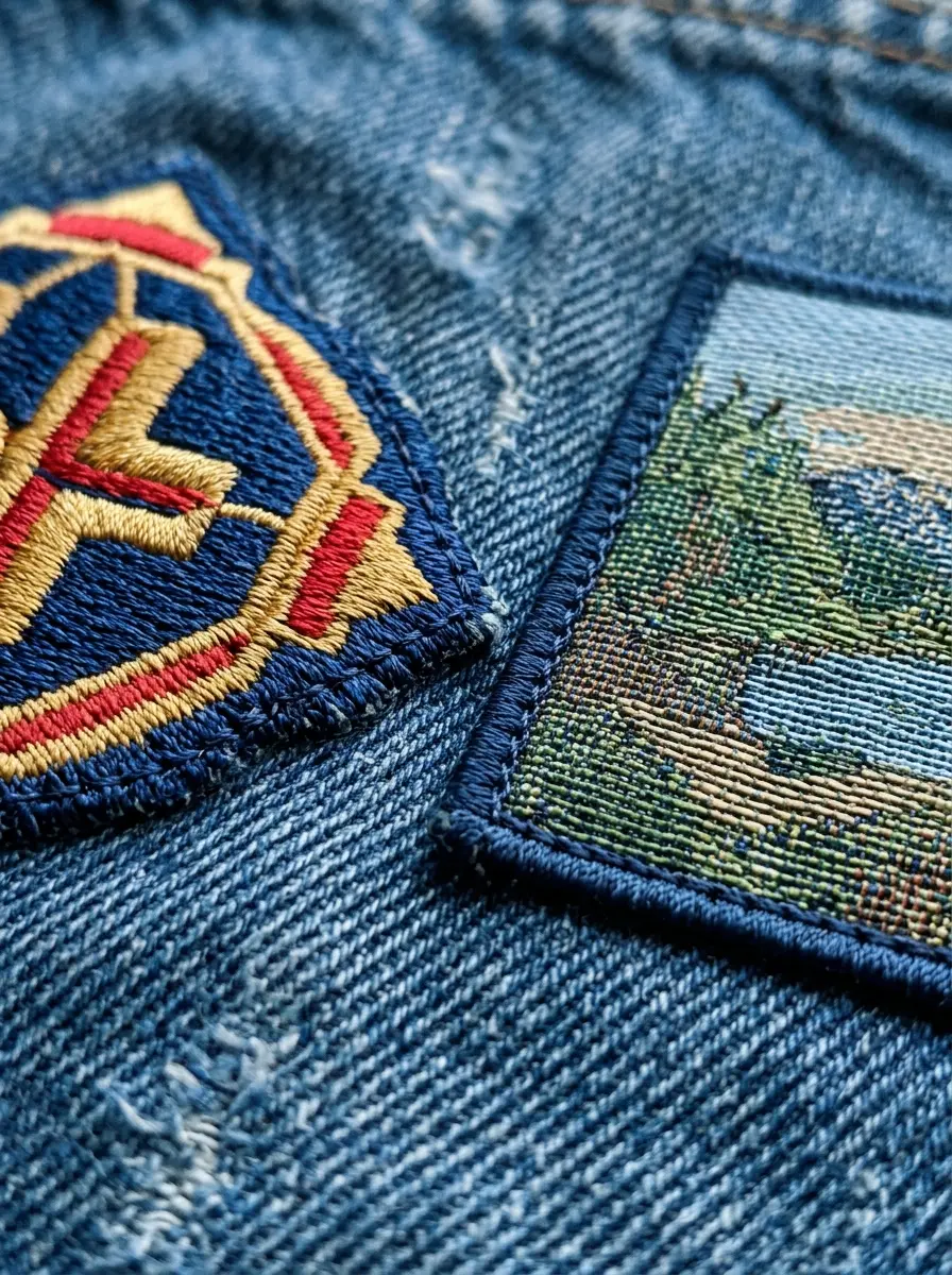 Macro of raised embroidery stitches beside a flat woven patch face