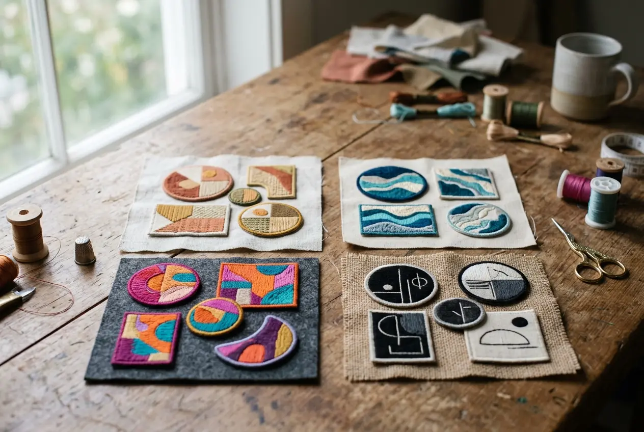 A table with patches for a sports team, a work crew and a riding club