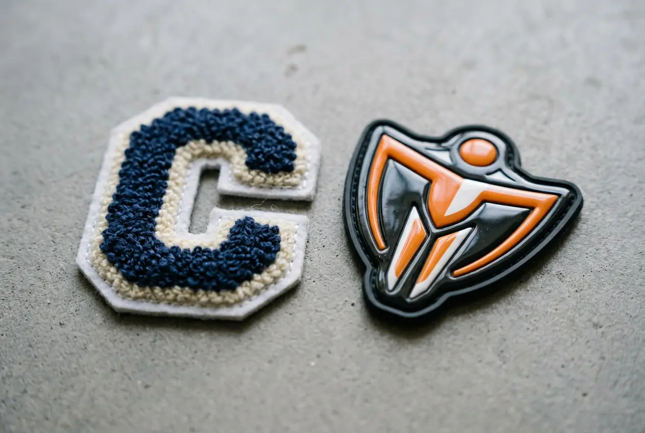 A chenille letter patch beside a PVC patch on a gray surface