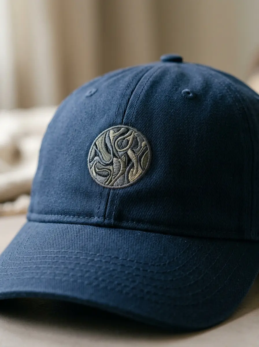 A cap front with a small patch stitched on the center panel
