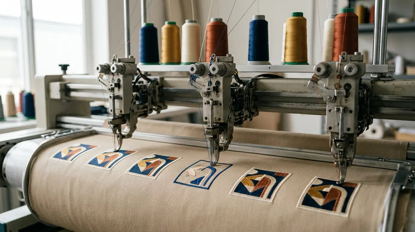 A multi-head embroidery machine stitching rows of patches