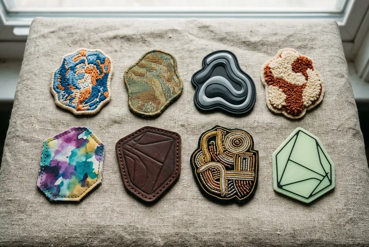 Eight finished patch styles arranged on natural linen