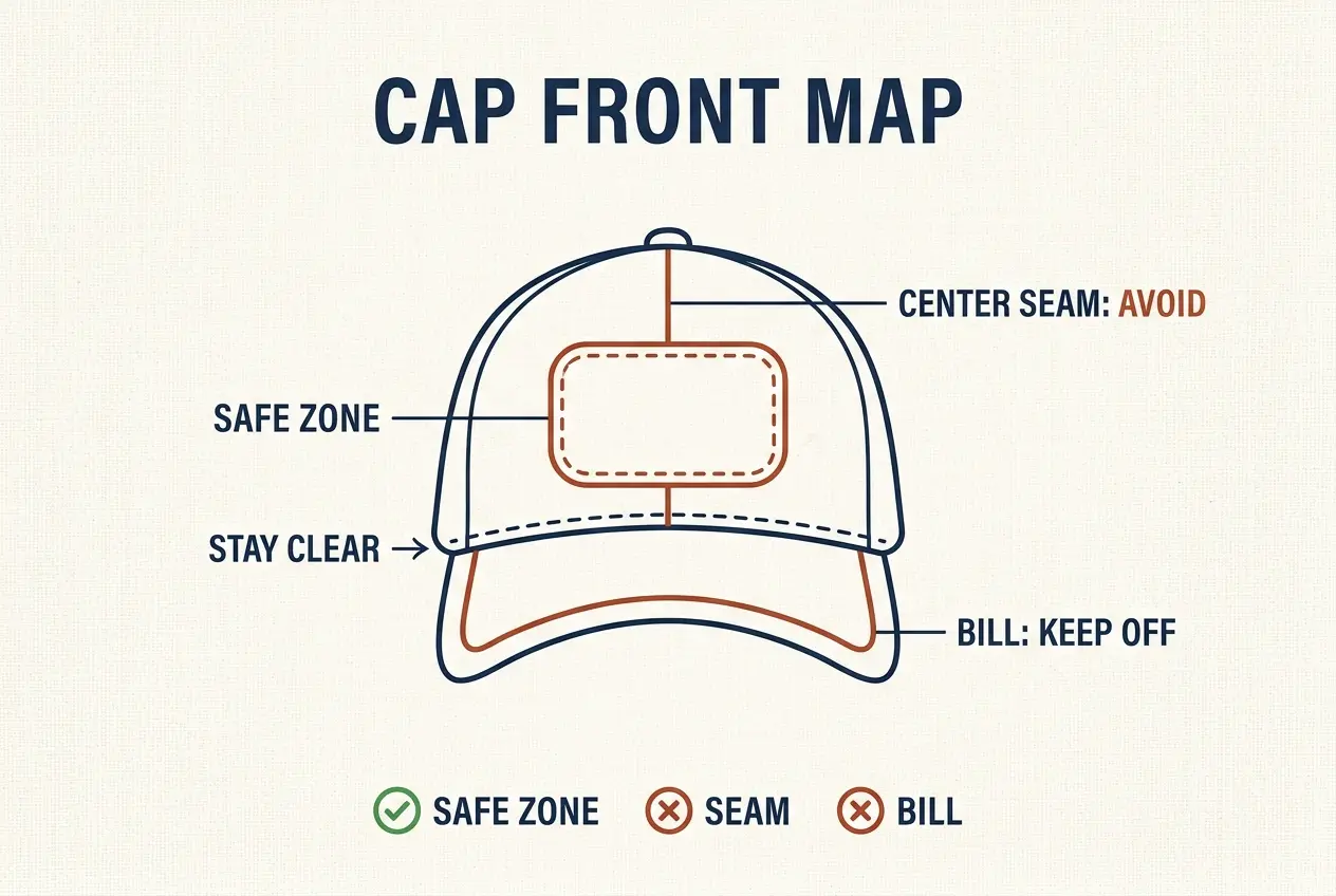 Infographic of a cap front showing safe zone, center seam and bill line
