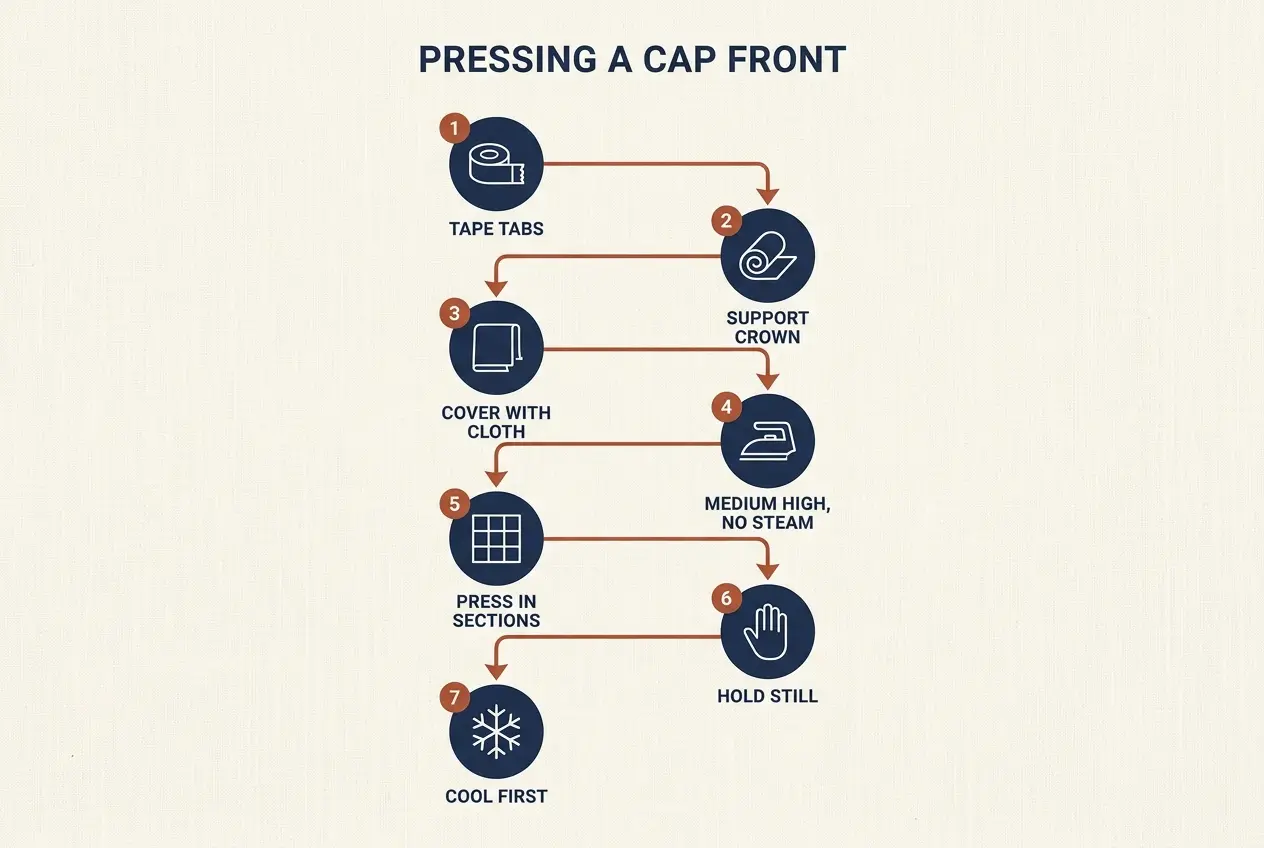 Infographic showing the seven cap pressing steps in order