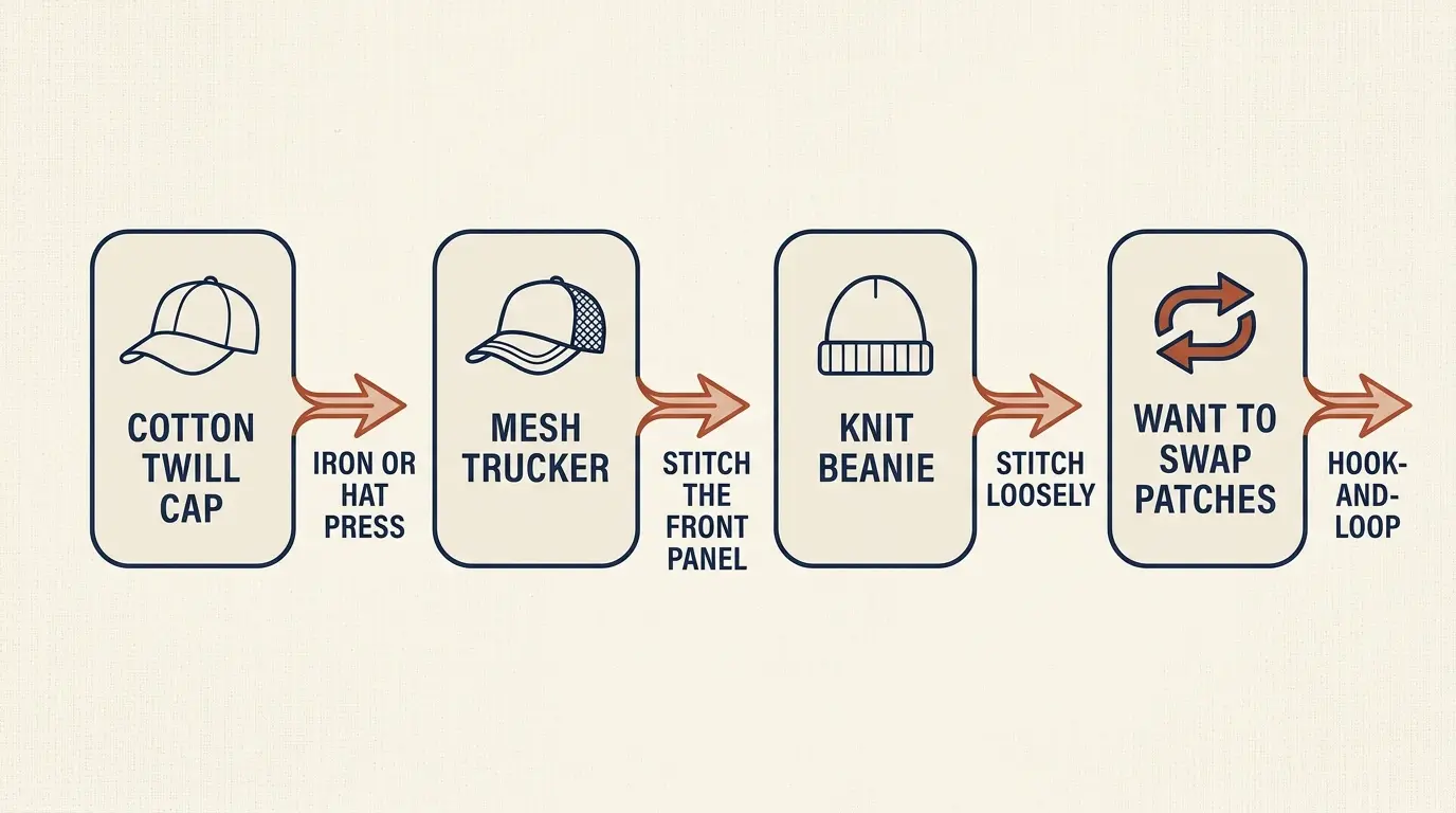 Infographic flow chart that matches cap fabric to iron, hat press, stitching or hook-and-loop