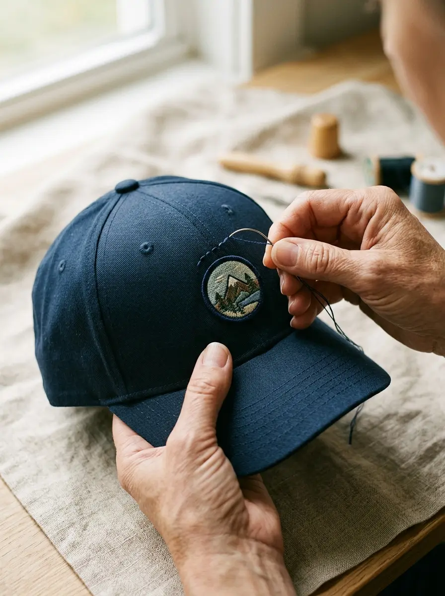 Close view of a hand stitching a patch onto the front panel of a cap