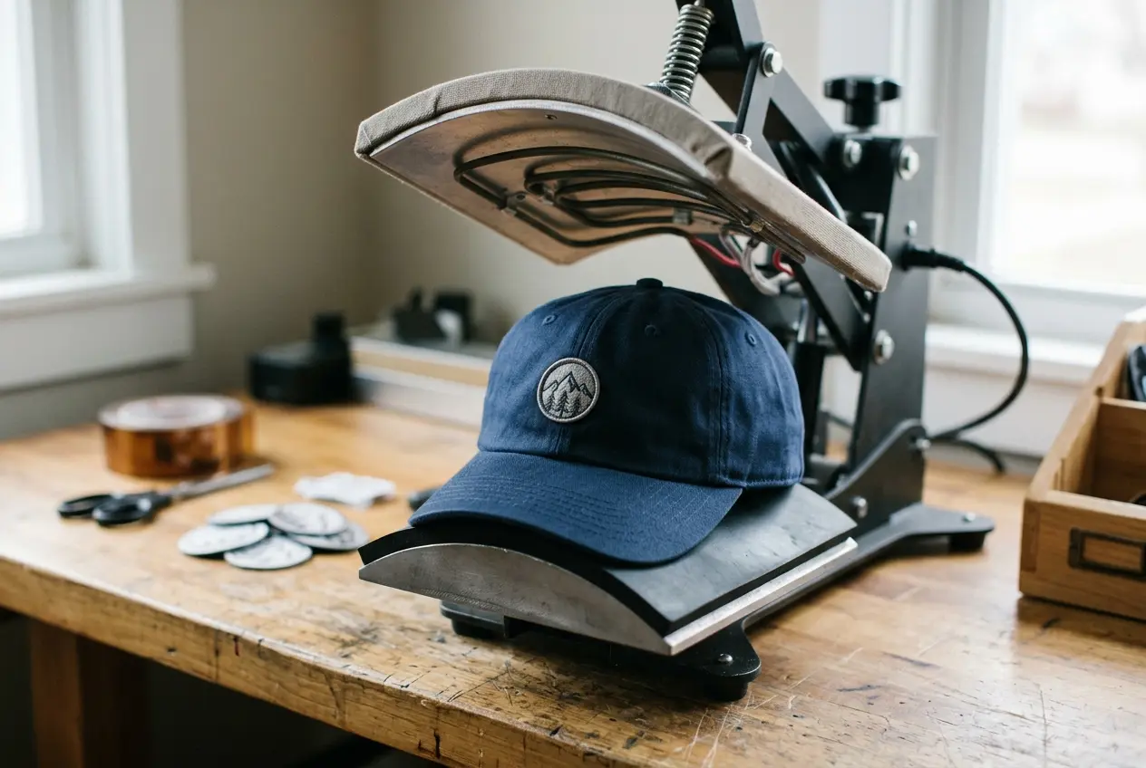A cap loaded on a hat press with a curved lower platen
