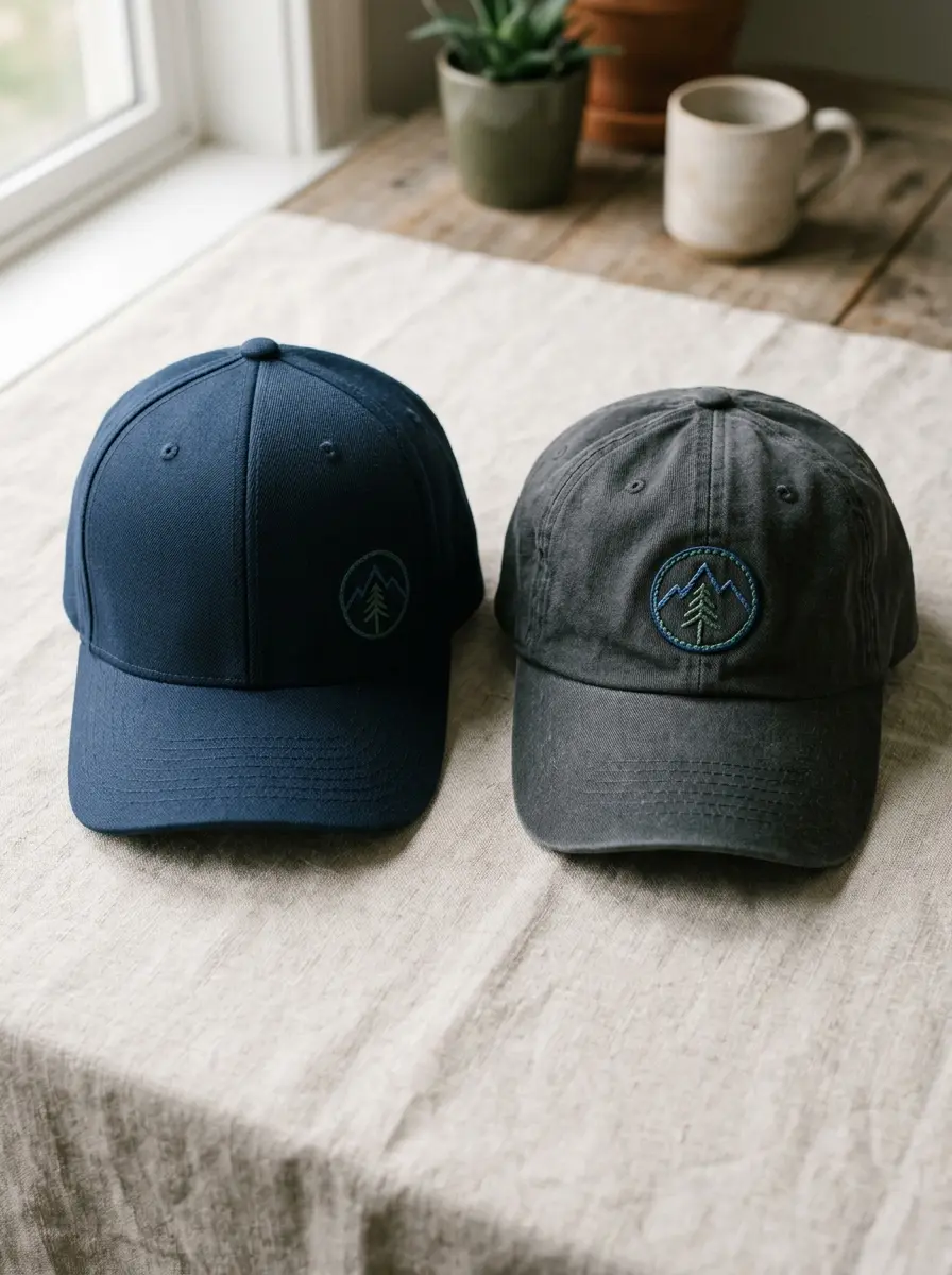 Two caps side by side, one stiff structured front and one soft unstructured front, each with a small patch