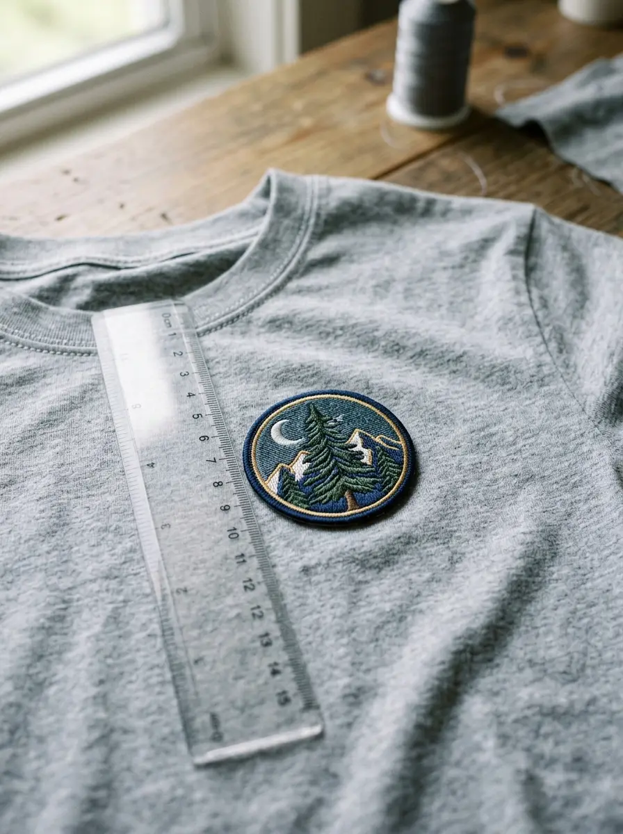 A patch positioned on a cotton tee with a ruler beside it before pressing