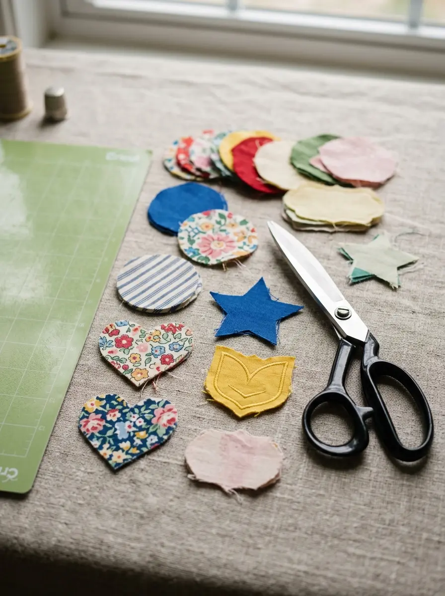 A cutting machine trimming patch shapes from iron-on fabric